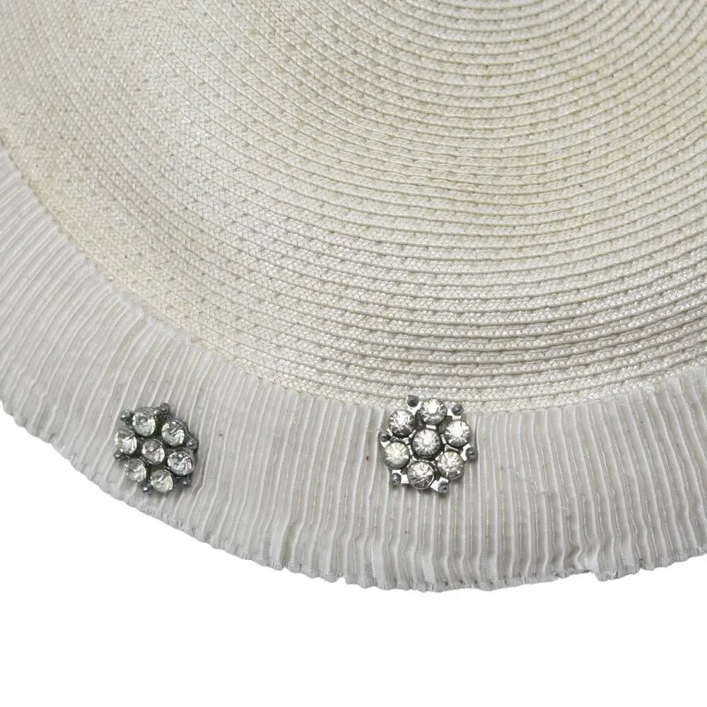 Vintage 50s Ivory Platter Hat w Rhinestone & Pleated Trim 11